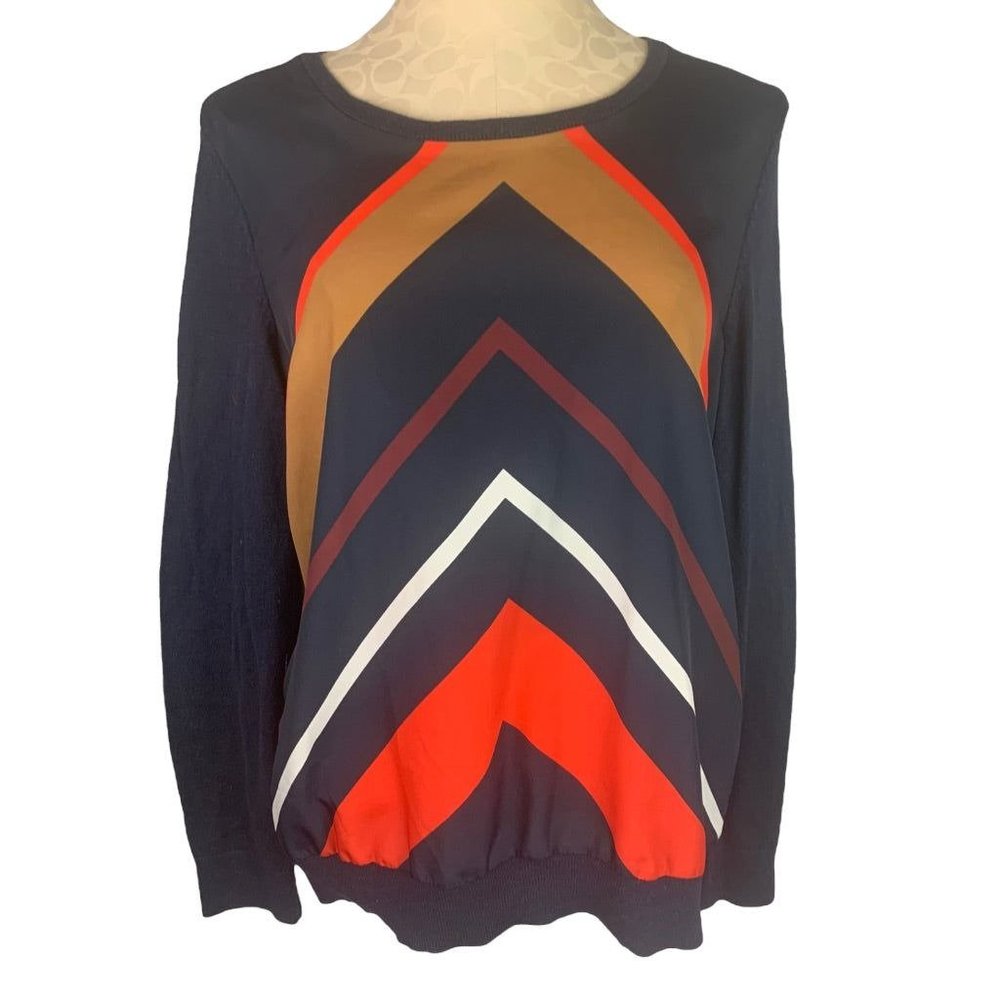 Large Tommy Hilfiger Women's Pullover Designer Print Mixed Fabric Sweater Navy O